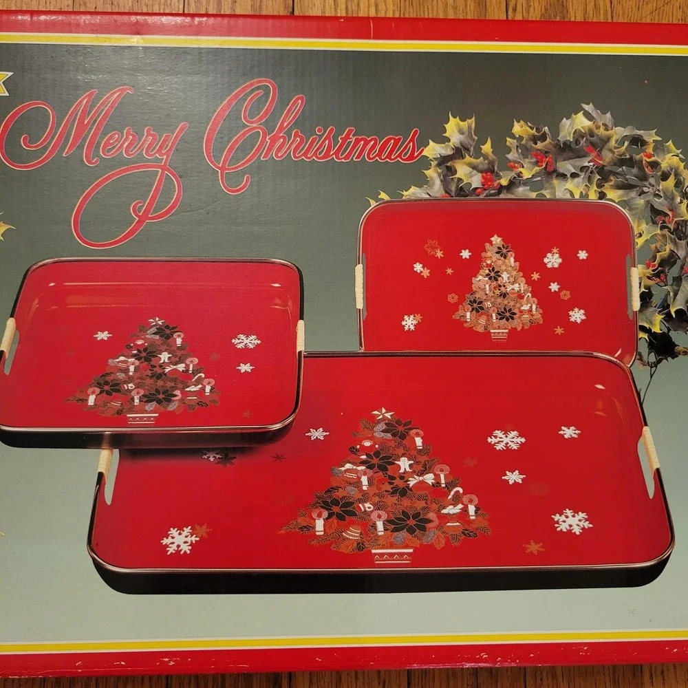 Lacquer 3pc Serving Tray Set Red Christmas Tree Vintage 1985 Retro‎ Home Decor